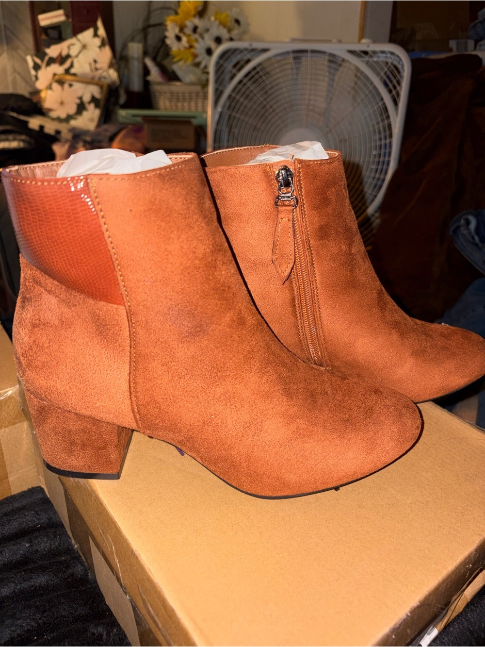 Amazon Women's Suede Ankle Booties in Rust Orange with Side Zip